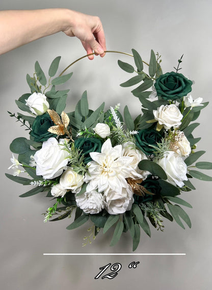 Emerald Green Hoop Floral Wedding White Hoop Hunter Green Gold Alternative Bridesmaids Bouquet Ring Wreath Flower Girl Hoop Dark Green