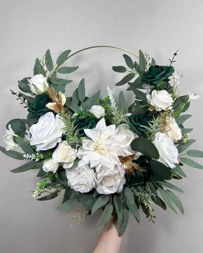 Emerald Green Hoop Floral Wedding White Hoop Hunter Green Gold Alternative Bridesmaids Bouquet Ring Wreath Flower Girl Hoop Dark Green
