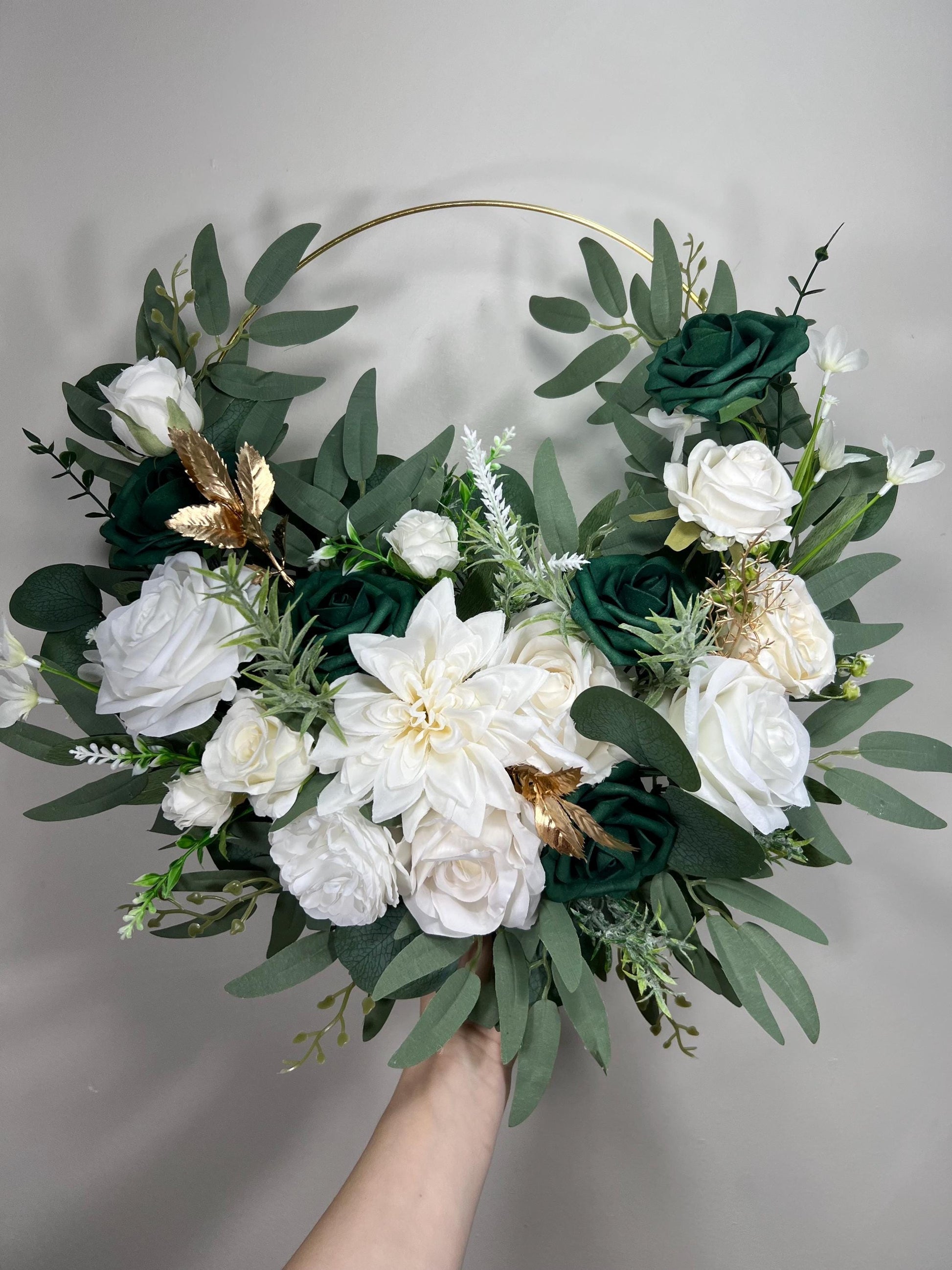 Emerald Green Hoop Floral Wedding White Hoop Hunter Green Gold Alternative Bridesmaids Bouquet Ring Wreath Flower Girl Hoop Dark Green