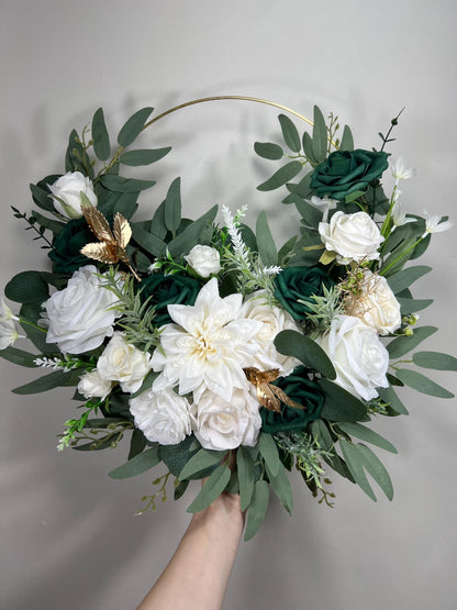 Emerald Green Hoop Floral Wedding White Hoop Hunter Green Gold Alternative Bridesmaids Bouquet Ring Wreath Flower Girl Hoop Dark Green