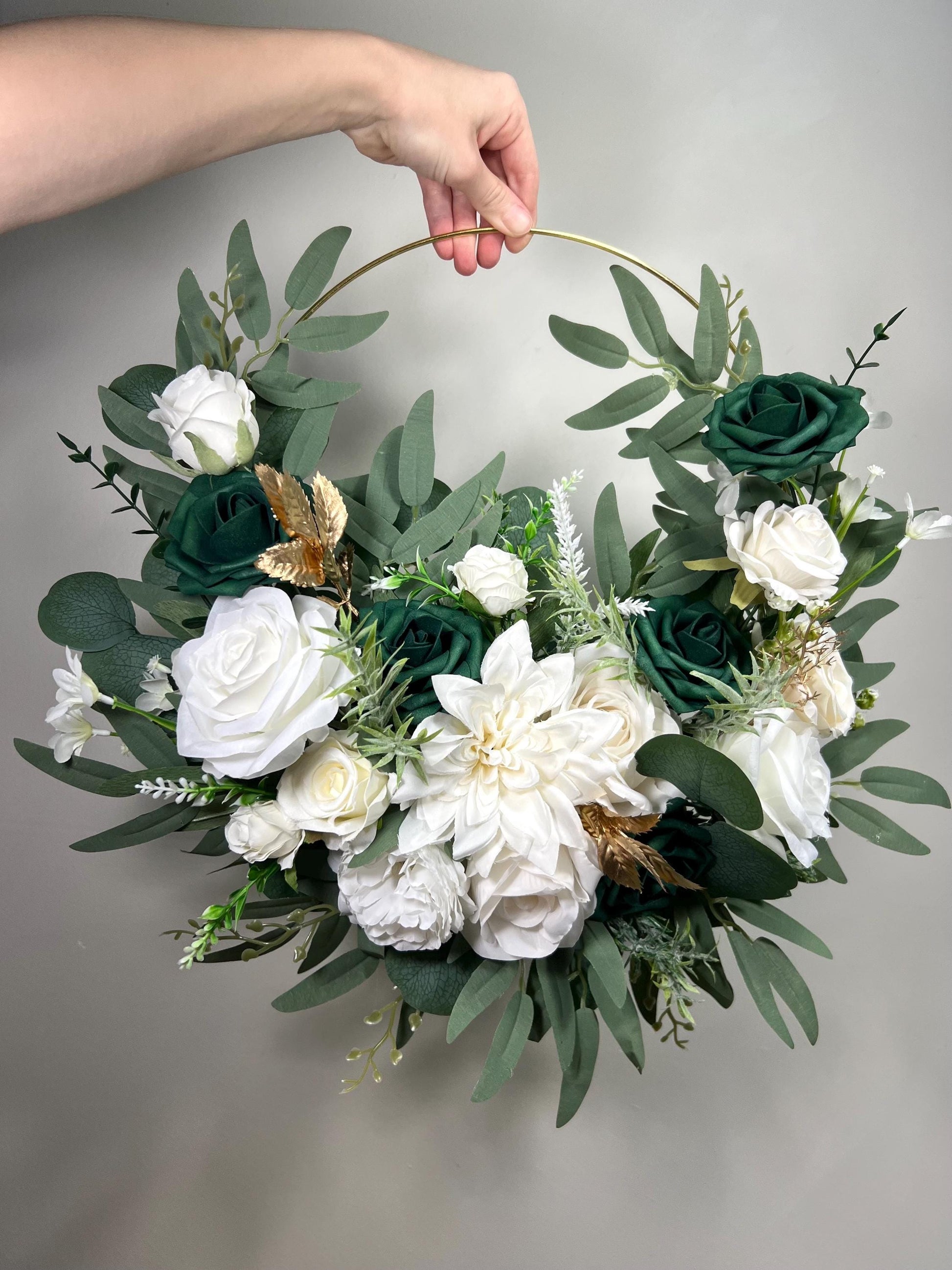 Emerald Green Hoop Floral Wedding White Hoop Hunter Green Gold Alternative Bridesmaids Bouquet Ring Wreath Flower Girl Hoop Dark Green