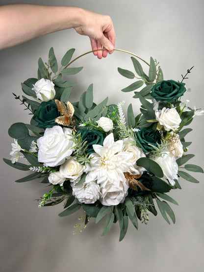 Emerald Green Hoop Floral Wedding White Hoop Hunter Green Gold Alternative Bridesmaids Bouquet Ring Wreath Flower Girl Hoop Dark Green