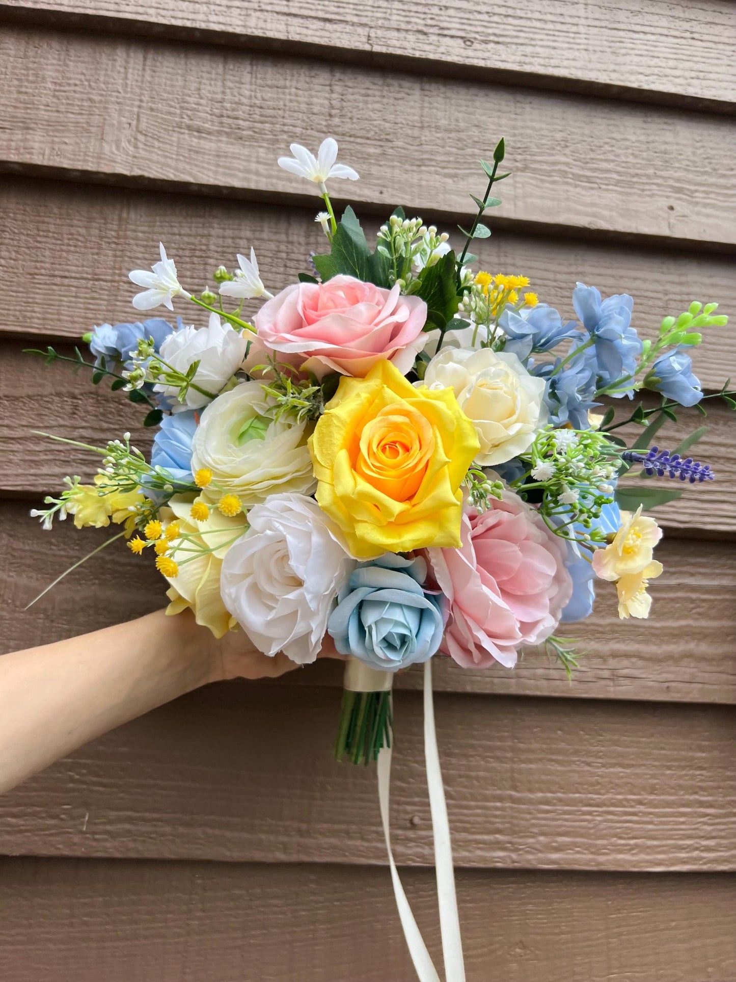 Yellow Pink Blue Bouquet Wedding Summer Bridal Bouquet Pastel Bridesmaids Bouquet Peony Bouquet Ranunculus Colorful Bouquet Artificial