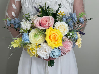 Yellow Pink Blue Bouquet Wedding Summer Bridal Bouquet Pastel Bridesmaids Bouquet Peony Bouquet Ranunculus Colorful Bouquet Artificial