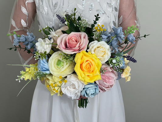 Yellow Pink Blue Bouquet Wedding Summer Bridal Bouquet Pastel Bridesmaids Bouquet Peony Bouquet Ranunculus Colorful Bouquet Artificial