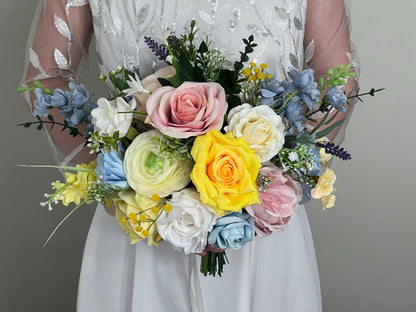 Yellow Pink Blue Bouquet Wedding Summer Bridal Bouquet Pastel Bridesmaids Bouquet Peony Bouquet Ranunculus Colorful Bouquet Artificial