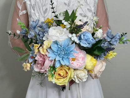 Pastel Bouquet Wedding Garden Bridal Bouquet Wild Flowers Pink Bridesmaids Bouquet Peony Bouquet Dahlia Blue Colorful Bouquet Yellow