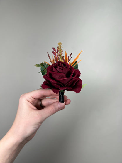 Burgundy Boutonnière Wedding Burnt Orange Wine Red Groom Boutonniere Terracotta Burgundy Groomsmen Boutonnières Fall Artificial Flower