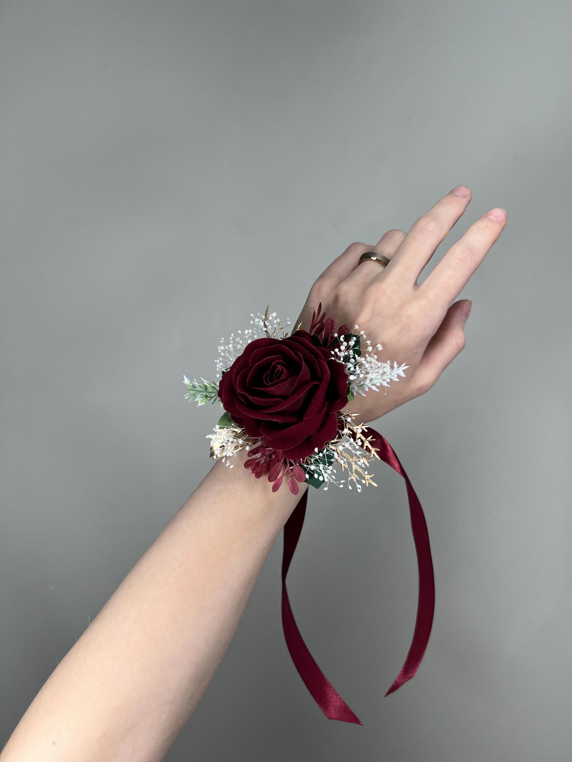Burgundy Corsage Wedding Wrist Corsage Burgundy Rose Corsage Gold Bridesmaids Baby Breath Corsage Wine Red Prom Maroon Rose Artificial