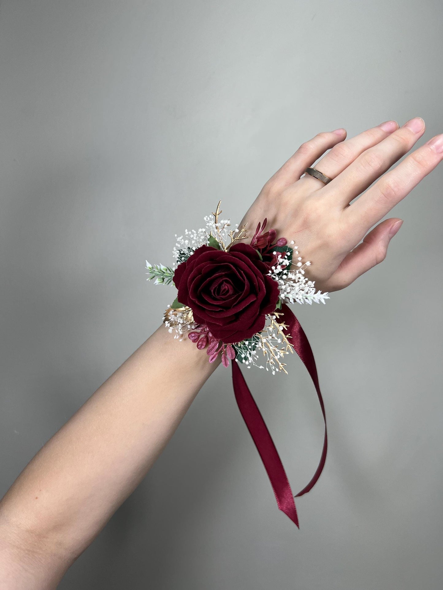 Burgundy Corsage Wedding Wrist Corsage Burgundy Rose Corsage Gold Bridesmaids Baby Breath Corsage Wine Red Prom Maroon Rose Artificial