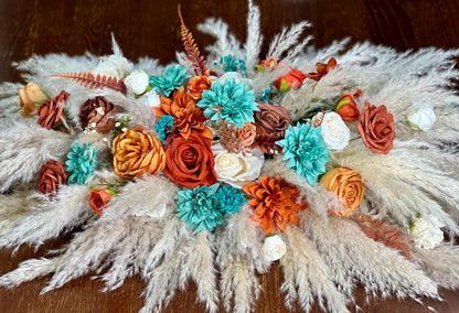 Turquoise Terracotta Sweetheart Wedding Boho Burnt Orange Teal Decor Pampas Grass White Teal Blue Rust Decor Table Centerpiece Artificial