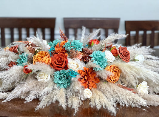 Turquoise Terracotta Sweetheart Wedding Boho Burnt Orange Teal Decor Pampas Grass White Teal Blue Rust Decor Table Centerpiece Artificial