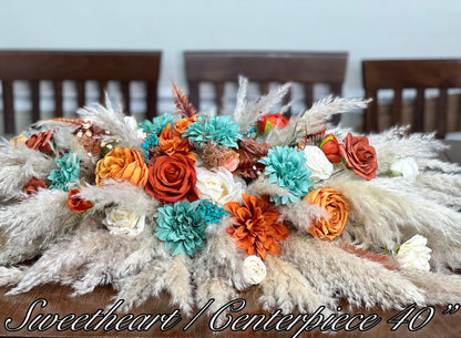 Bridesmaids Bouquet Teal Orange Wedding Boho Turquoise Terracotta Small Bouquet Petite Pampas Grass Rust Baby Breath White Ivory Teal Blue