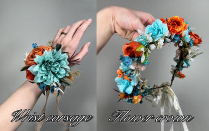 Teal Orange Bouquet Wedding Bridal Cascade Bouquet Boho Turquoise Burnt Orange Bouquet Cascading Teal Blue Aqua Terracotta Rust Bouquet Teal