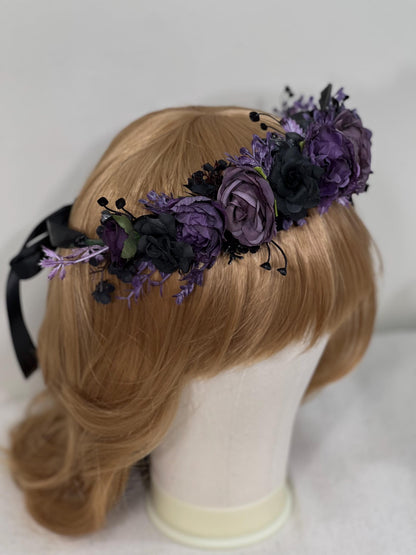 Black Purple Flower Crown Black Wedding Crown Gothic Floral Headband Black Flower Adult Crown Flower Girl Wreath Plum Black Crown Hair