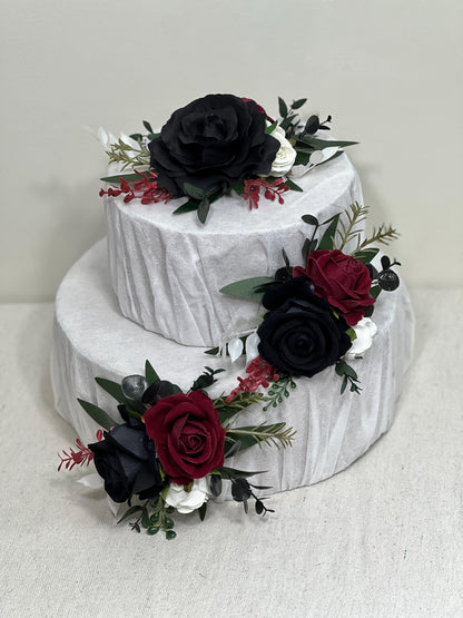 Black Burgundy White Cake Decoration Wedding Flower Artificial Maroon Black Topper Cake Decor Wine Red Ivory Black Gothic Cake Arrangement