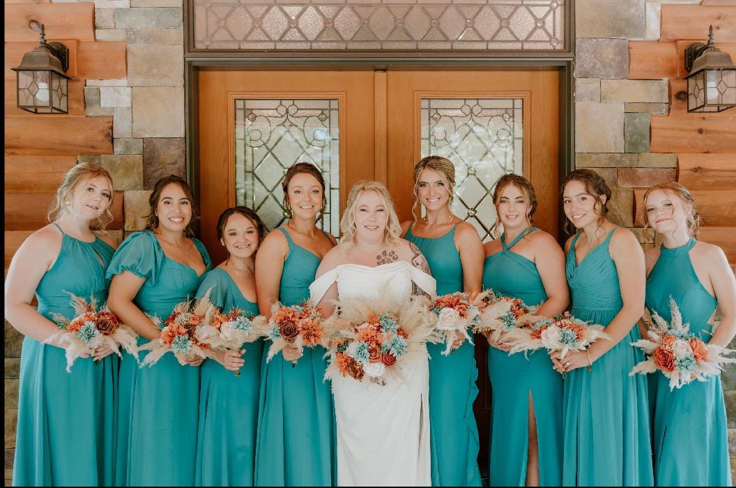 Bridesmaids Bouquet Teal Orange Wedding Boho Turquoise Terracotta Small Bouquet Petite Pampas Grass Rust Baby Breath White Ivory Teal Blue