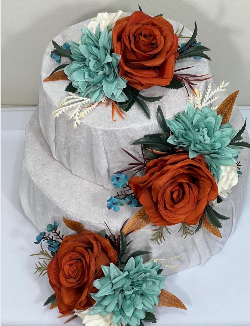 Teal Orange Bouquet Wedding Bridal Cascade Bouquet Boho Turquoise Burnt Orange Bouquet Cascading Teal Blue Aqua Terracotta Rust Bouquet Teal