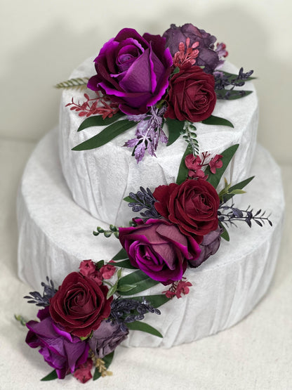 Purple Burgundy Cake Decoration Wedding Plum Flower Artificial Topper Cake Decor Royal Purple Dark Wine Red Flower Cake Arrangement Maroon