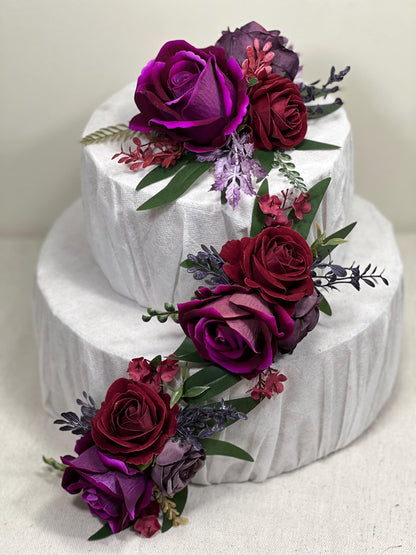 Purple Burgundy Cake Decoration Wedding Plum Flower Artificial Topper Cake Decor Royal Purple Dark Wine Red Flower Cake Arrangement Maroon
