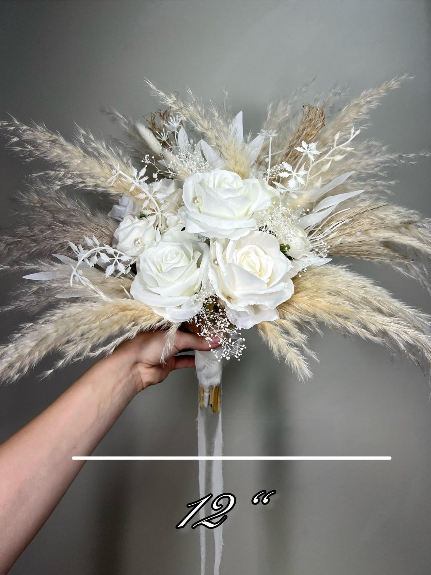 White Boho Bouquet Wedding Bridal Pampas Grass Bouquet Ivory Baby Breath Bridesmaids Bouquet Pearls White Rose Bouquet Artificial Flowers