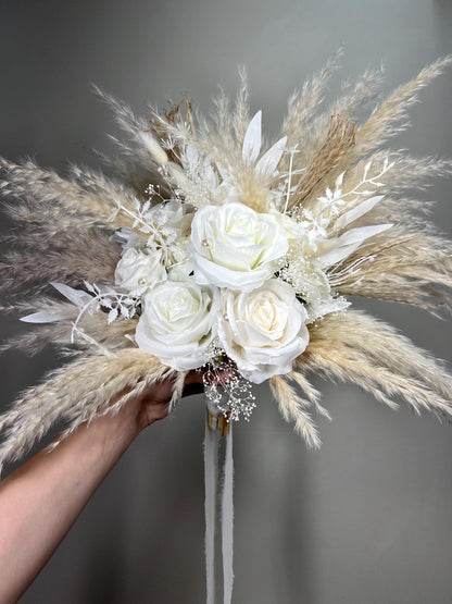 White Boho Bouquet Wedding Bridal Pampas Grass Bouquet Ivory Baby Breath Bridesmaids Bouquet Pearls White Rose Bouquet Artificial Flowers