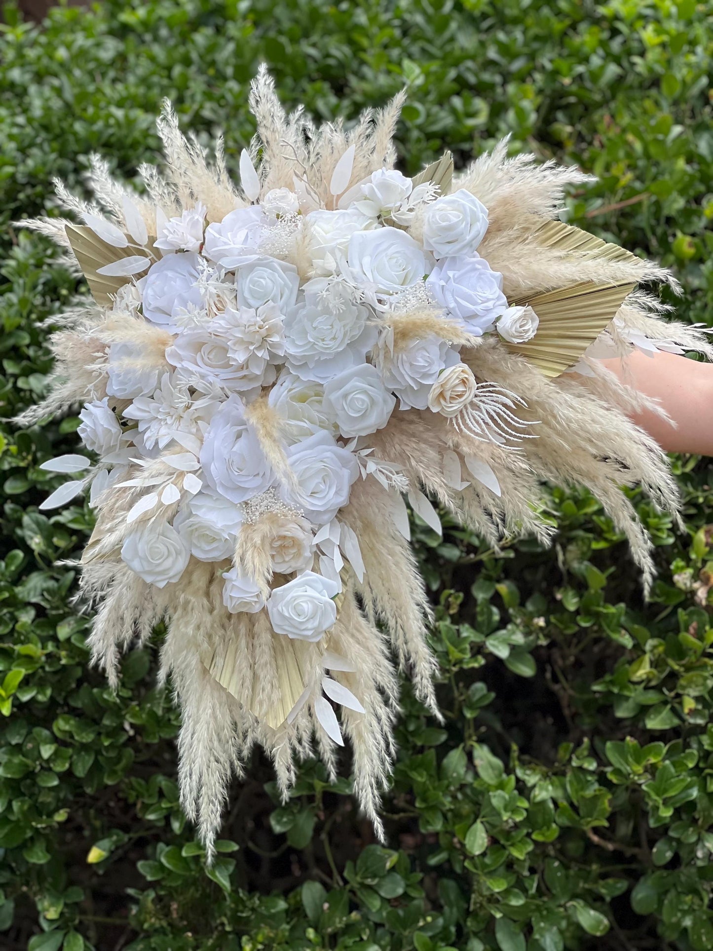 White Boho Arch Arrangements Pampas Grass Ivory Palm Leaves Arbor Arrangement Beige Ceremony Arch White Background Dried Pampas Grass