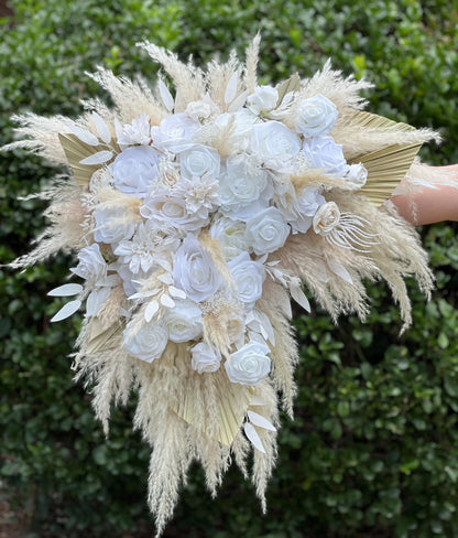 White Boho Arch Arrangements Pampas Grass Ivory Palm Leaves Arbor Arrangement Beige Ceremony Arch White Backdrop Flowers Dried Pampas Grass