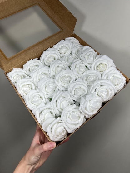 White Flower Artificial Wedding DIY Craft Supplies Pure White Rose Wedding True White Flower Head with Stem Fake Flowers White Rose Heads
