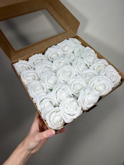 White Flower Artificial Wedding DIY Craft Supplies Pure White Rose Wedding True White Flower Head with Stem Fake Flowers White Rose Heads