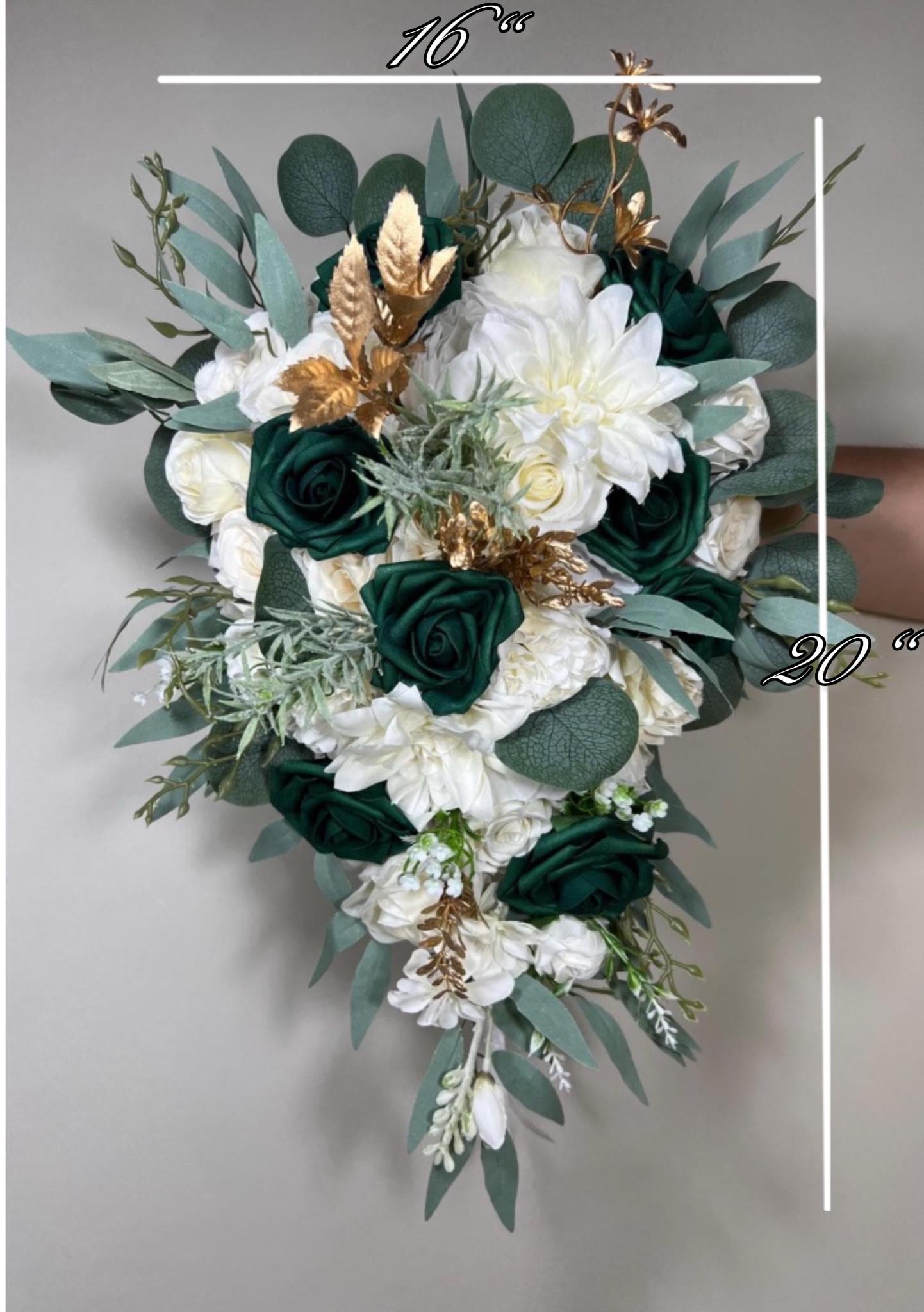 Emerald Green Bouquet Bridal Cascade White Hunter Green Bridesmaids Bouquet Emerald Green Forest Ivory Cascading Bouquet Gold Artificial