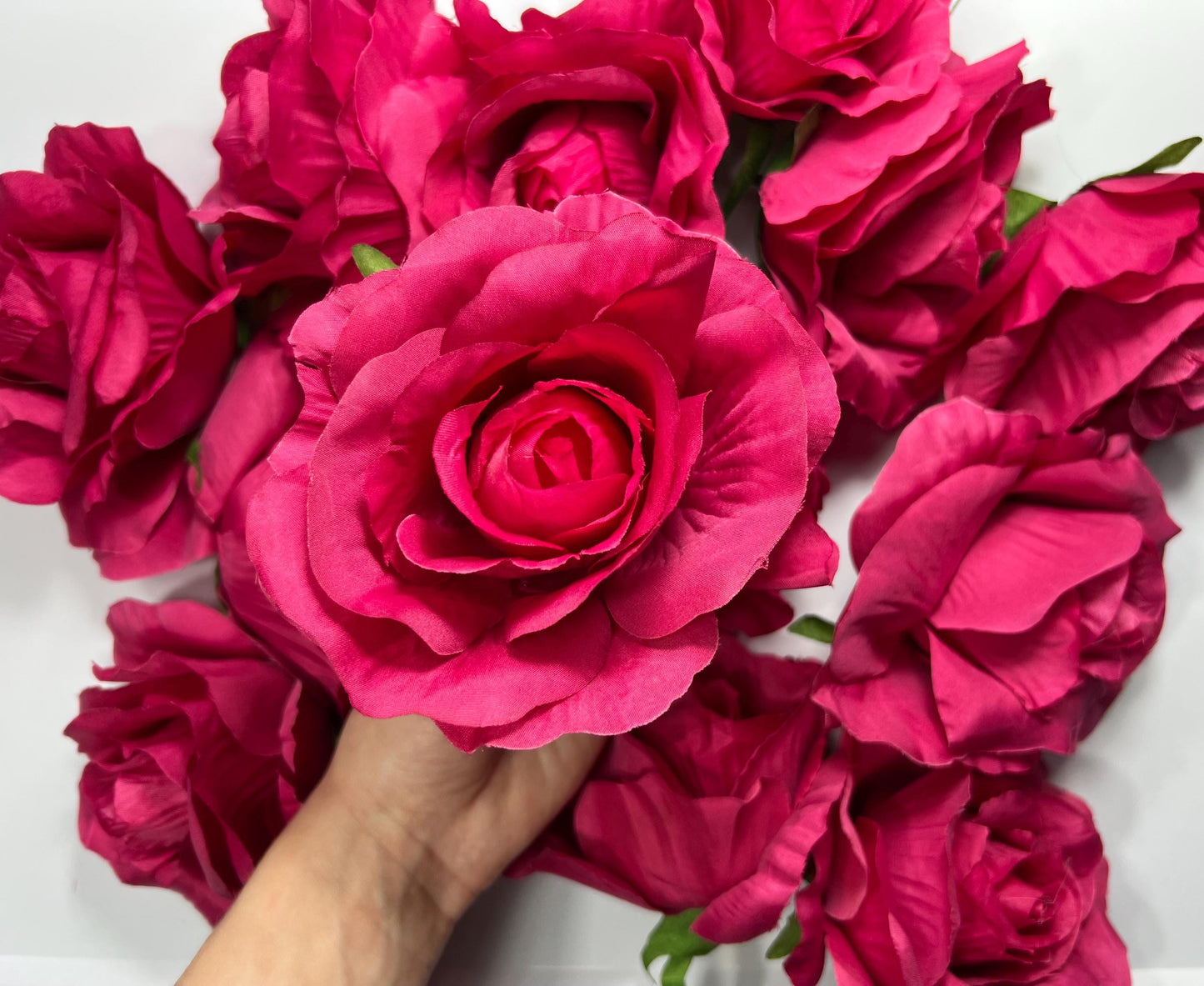 Fuchsia Flower Heads Artificial Pink Roses Wedding Silk Flowers Head Bright Pink Hot Realistic Magenta Deep Pink Vibrant Roses DIY Bouquet