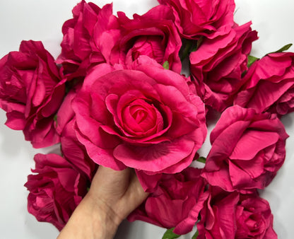 Fuchsia Flower Heads Artificial Pink Roses Wedding Silk Flowers Head Bright Pink Hot Realistic Magenta Deep Pink Vibrant Roses DIY Bouquet