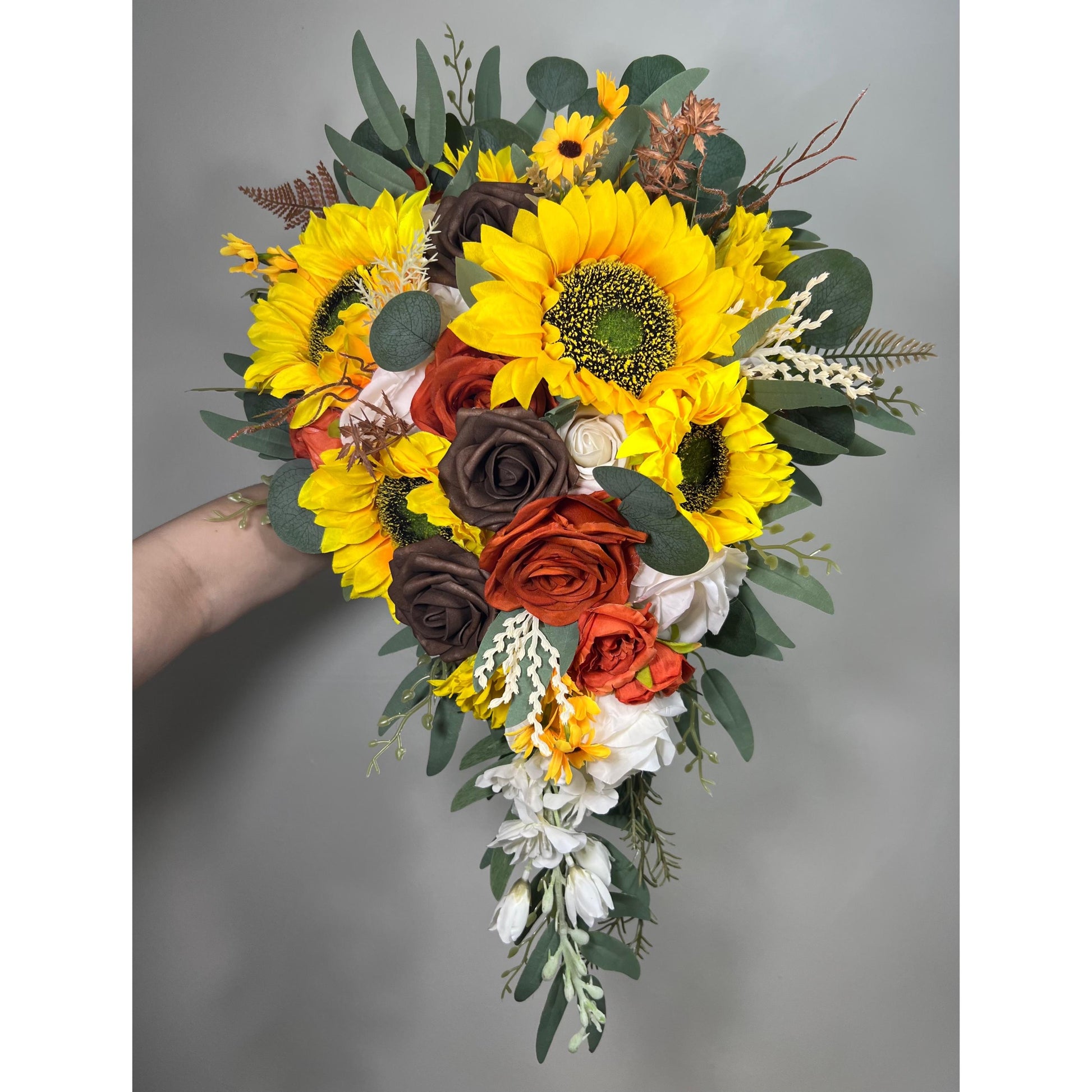 Sunflower Bouquet Wedding Bridal Sunflowers Cascading Bouquet Terracotta Brown White Bridesmaids Cascade Bouquet Rust Burnt Orange Bouquet