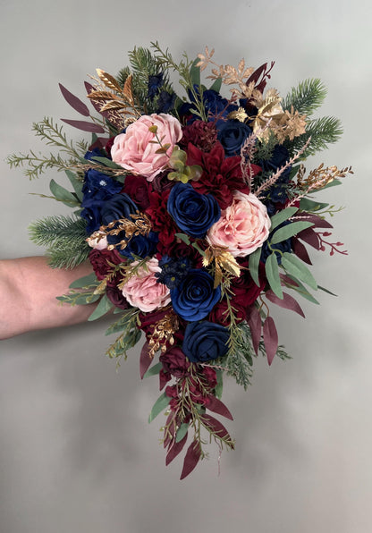 Burgundy Navy Blue Bouquet Wedding Bridal Bouquet Blush Navy Blue Burgundy Bouquet Bridesmaids Small Gold Bouquet Winter Artificial Flower