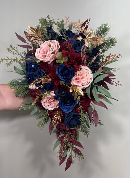 Burgundy Navy Blue Bouquet Cascade Wedding Bridal Bouquet Blush Navy Blue Burgundy Bouquet Bridesmaids Cascading Gold Bouquet Winter Maroon