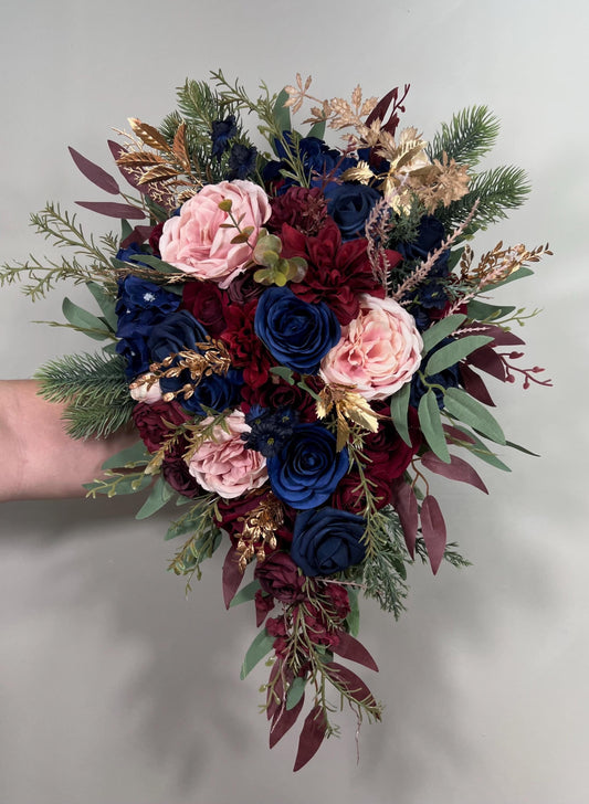Burgundy Navy Blue Bouquet Cascade Wedding Bridal Bouquet Blush Navy Blue Burgundy Bouquet Bridesmaids Cascading Gold Bouquet Winter Maroon