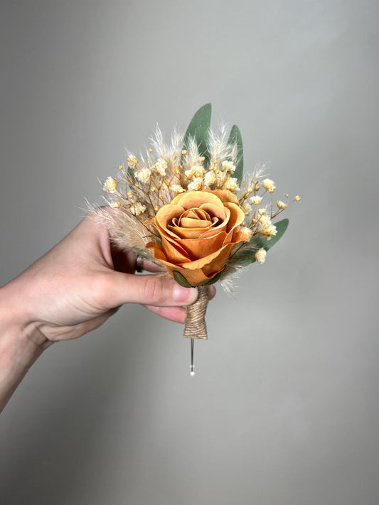 Burnt Orange Boutonnière Wedding Terracotta Boho Boutonniere Groom Baby Breath Eucalyptus Boutonnière Pampas Grass Dried Flowers