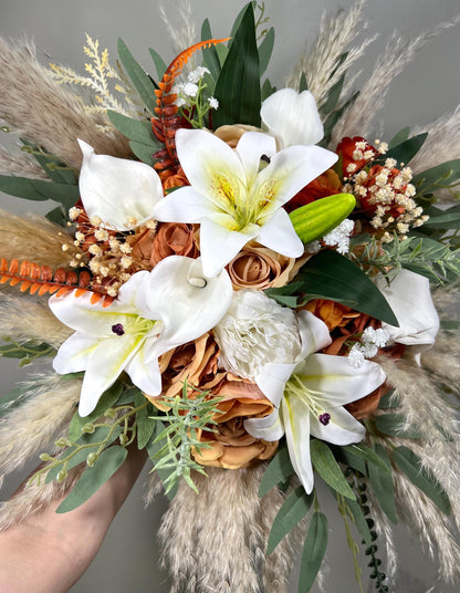 Terracotta Bouquet Wedding Lily Bridal Bouquet Boho Rust White Calla Lily Bouquet Burnt Orange Bridesmaids Pampas Grass Eucalyptus Bouquet