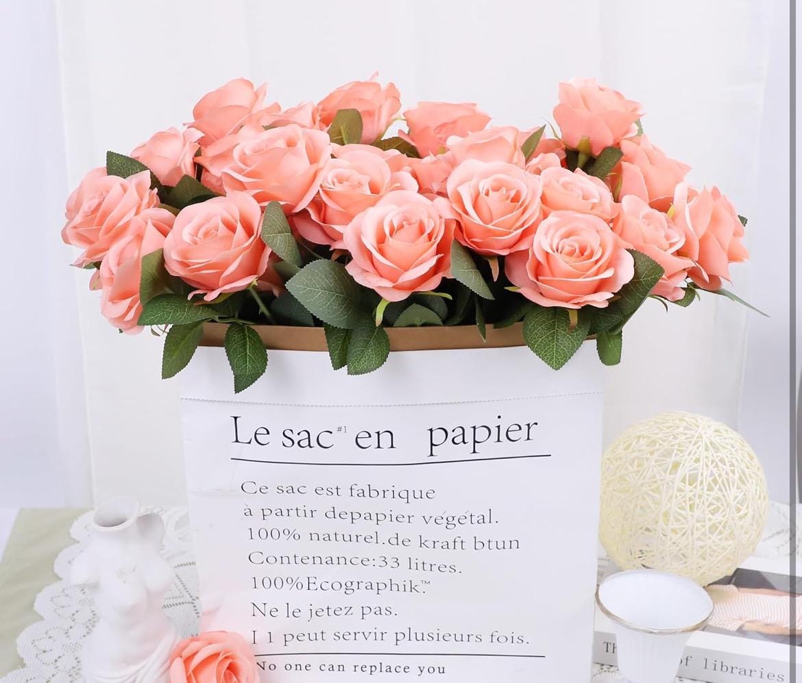 Coral Roses Artificial Flower Heads with Stem Peach Wedding Roses for Bouquet DIY Coral Roses Real Touch Floral Supplies Faux Flowers