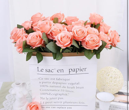 Coral Roses Artificial Flower Heads with Stem Peach Wedding Roses for Bouquet DIY Coral Roses Real Touch Floral Supplies Faux Flowers