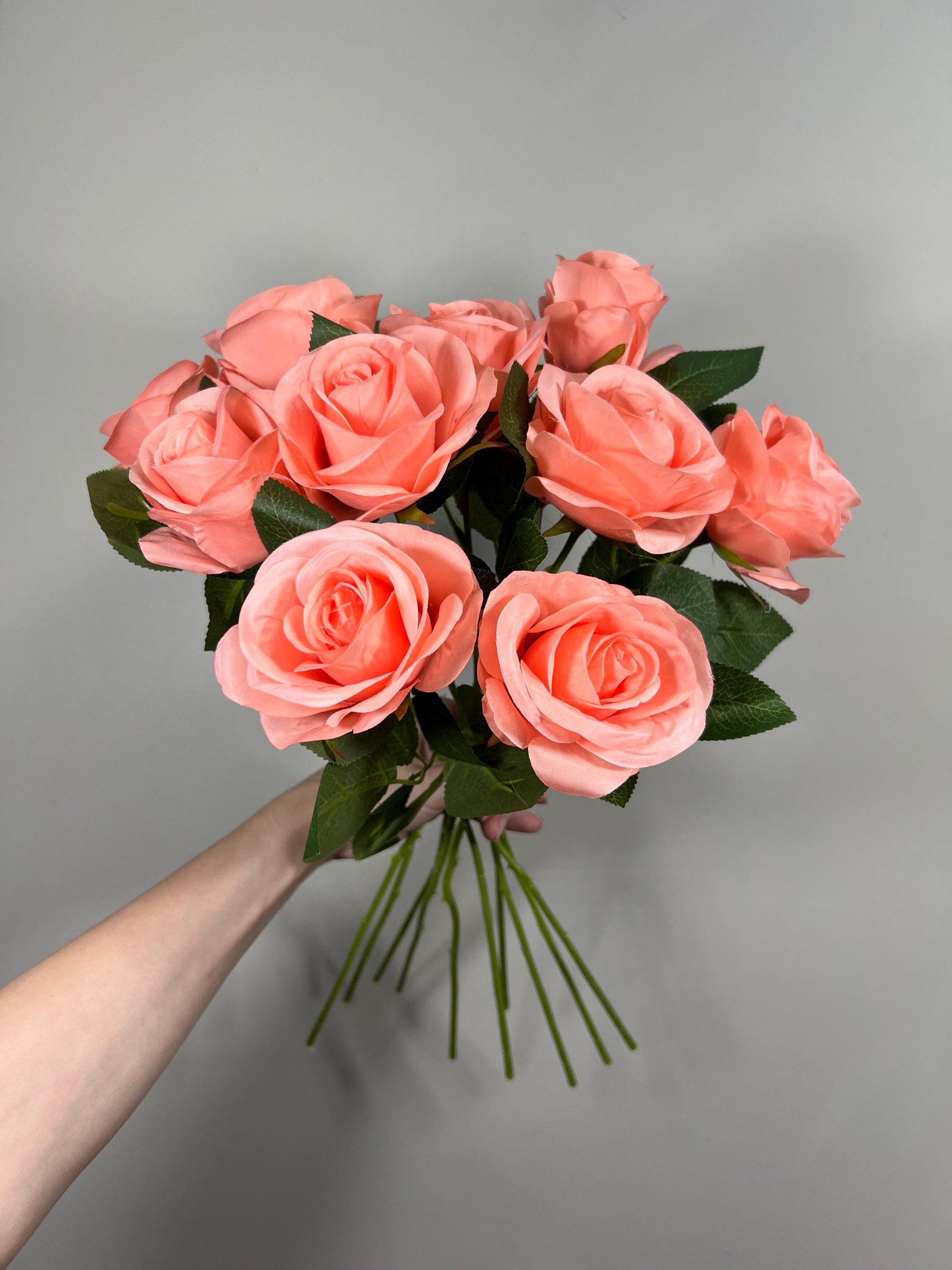 Coral Roses Artificial Flower Heads with Stem Peach Wedding Roses for Bouquet DIY Coral Roses Real Touch Floral Supplies Faux Flowers