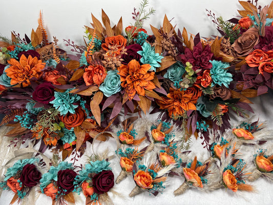 Teal Orange Burgundy Bouquet Bridal Turquoise Terracotta Wine Red Bridesmaids Bouquet Burnt Orange Teal Blue Maroon Artificial Flower