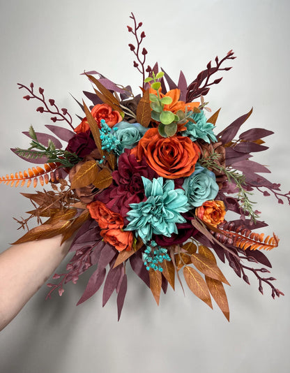 Teal Orange Burgundy Bouquet Bridal Turquoise Terracotta Wine Red Bridesmaids Bouquet Burnt Orange Teal Blue Maroon Artificial Flower