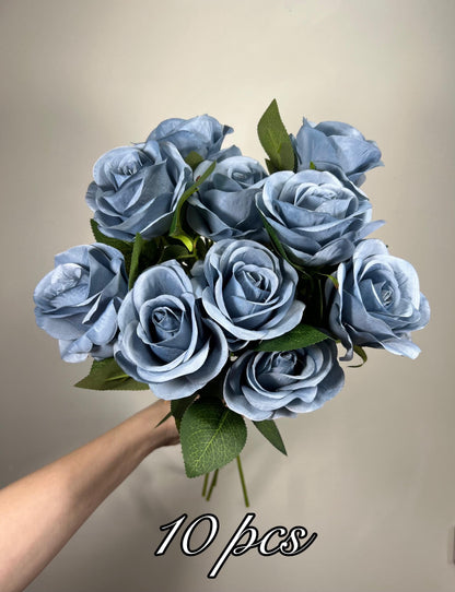 Dusty Blue Roses Artificial Flower Heads with Stem Light Blue Wedding Roses for Bouquet DIY Roses Real Touch Dusty Blue Supplies Flowers