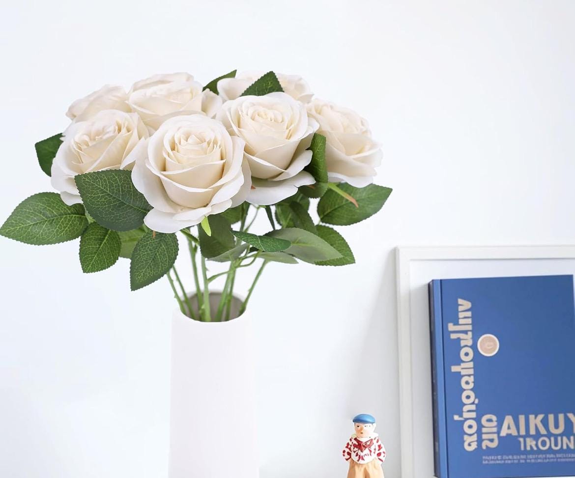 Beige Roses Artificial Flower Heads with Stem Ivory Wedding Roses for Bouquet DIY Cream Roses Real Touch Floral Off White Supplies Flowers