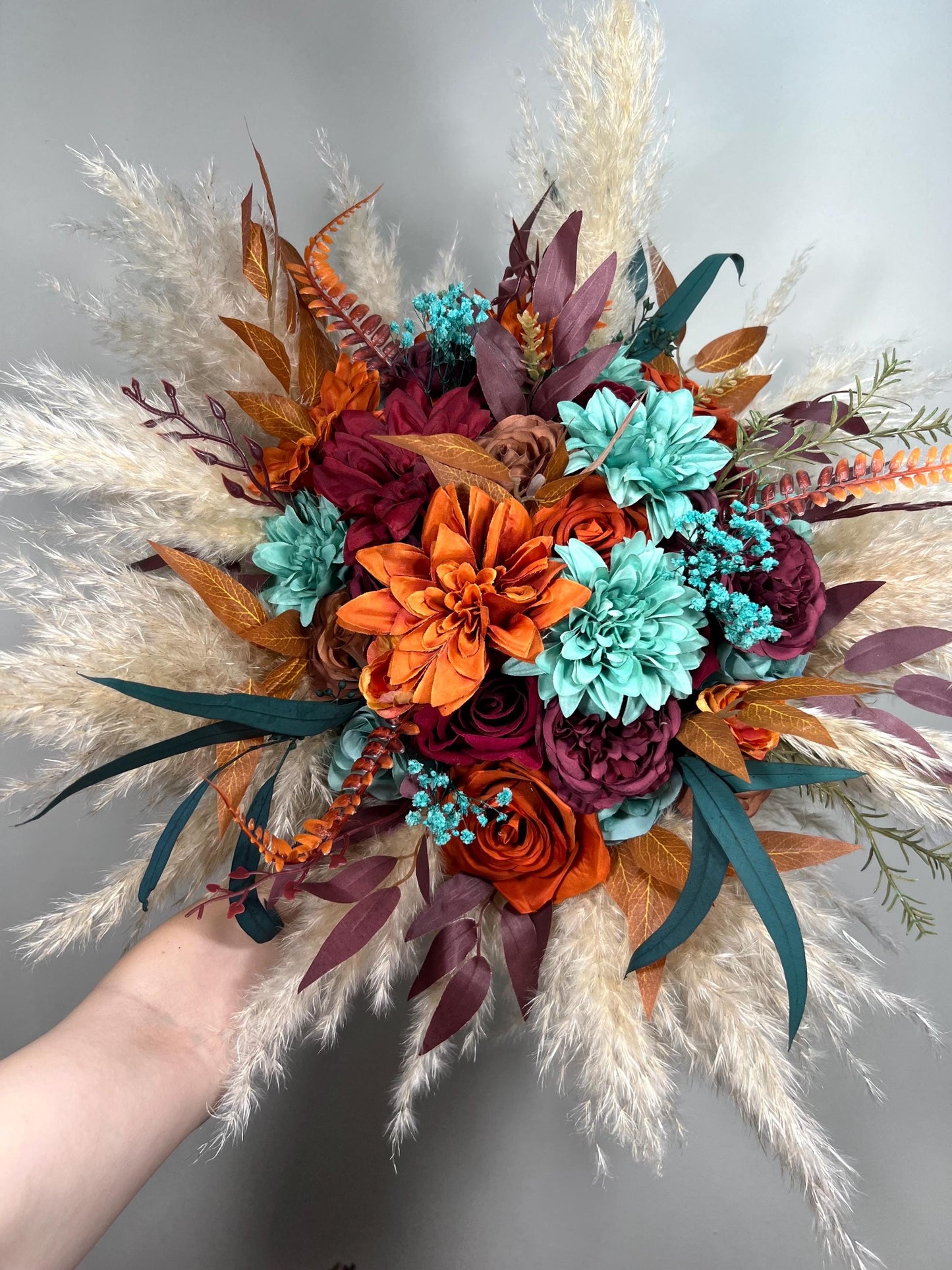 Teal Burnt Orange Burgundy Bouquet Wedding Bridal Boho Turquoise Terracotta Bouquet Pampas Grass Bridesmaids Teal Blue Burgundy Rust Bouquet