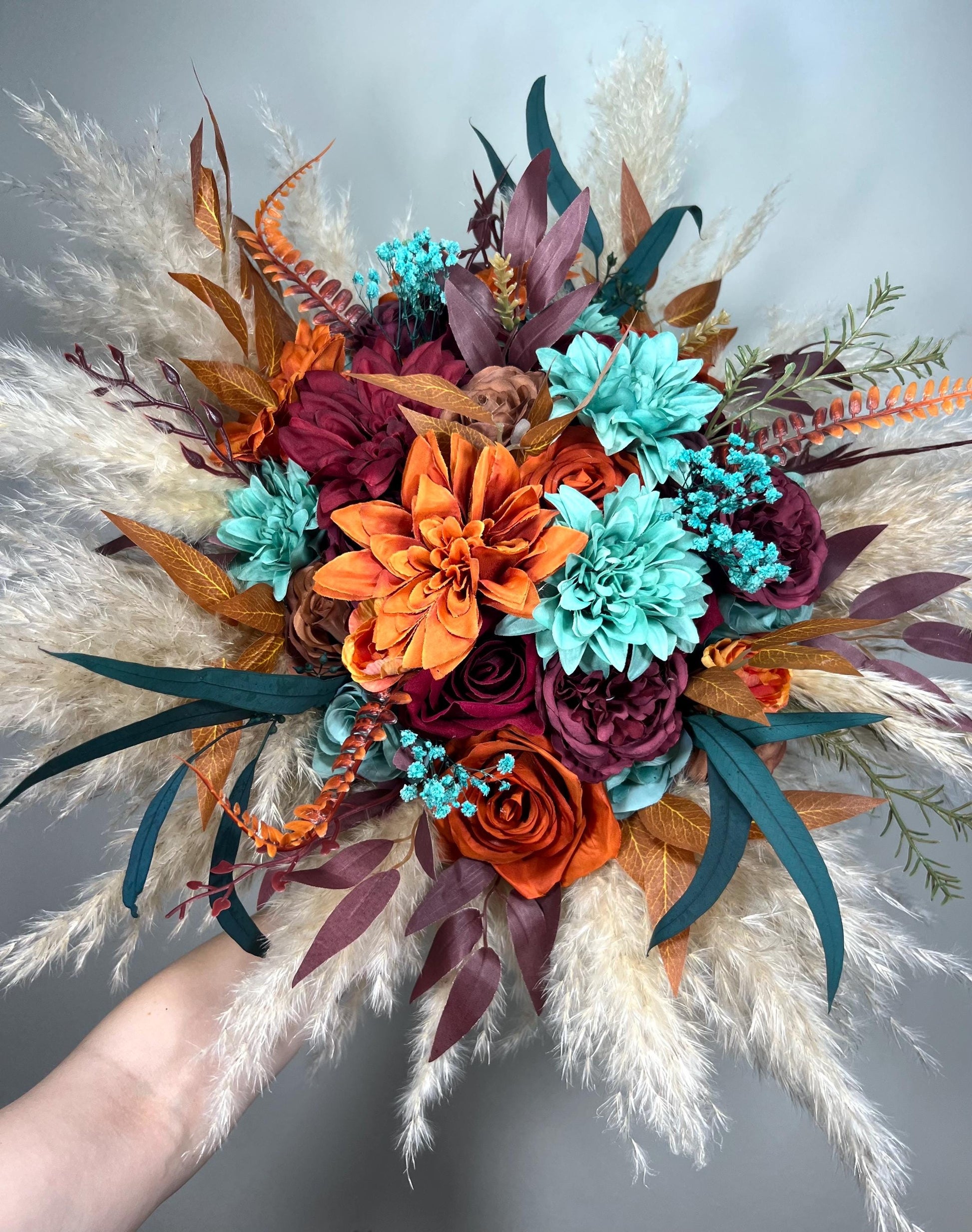 Teal Burnt Orange Burgundy Bouquet Wedding Bridal Boho Turquoise Terracotta Bouquet Pampas Grass Bridesmaids Teal Blue Burgundy Rust Bouquet