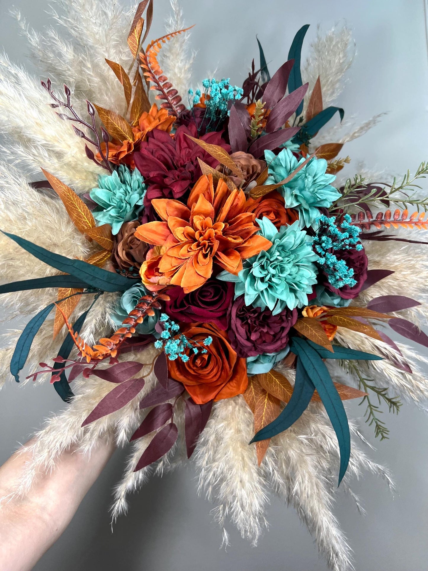 Teal Burnt Orange Burgundy Bouquet Wedding Bridal Boho Turquoise Terracotta Bouquet Pampas Grass Bridesmaids Teal Blue Burgundy Rust Bouquet