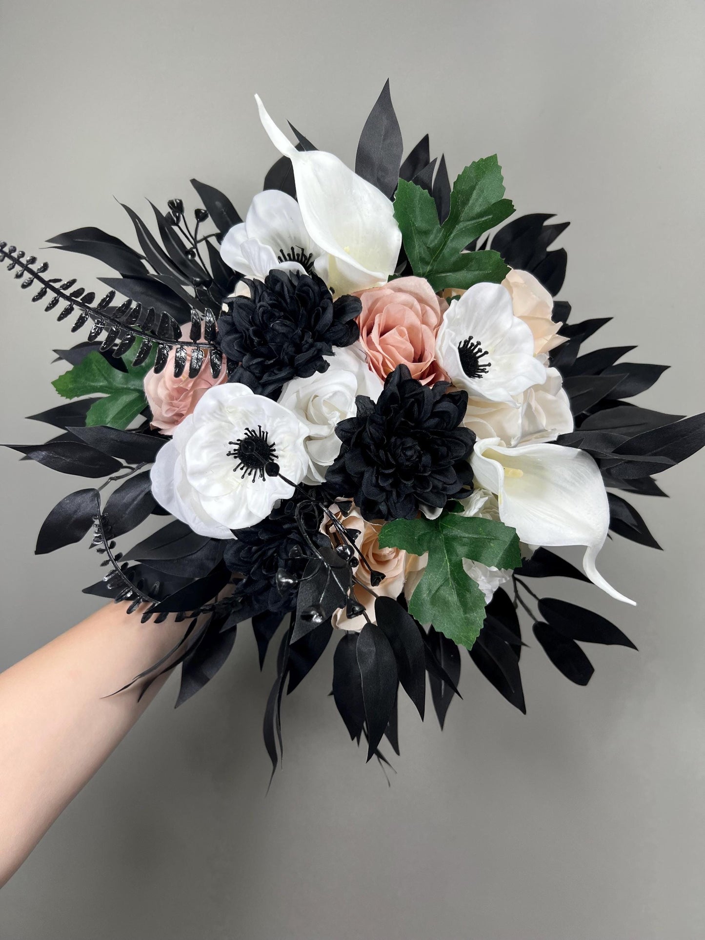Black Bouquet Cascade White Bridal Gothic Cascading Bouquet Black Dusty Rose Bridesmaids Black Bouquet Ivory Anemone Artificial Flower